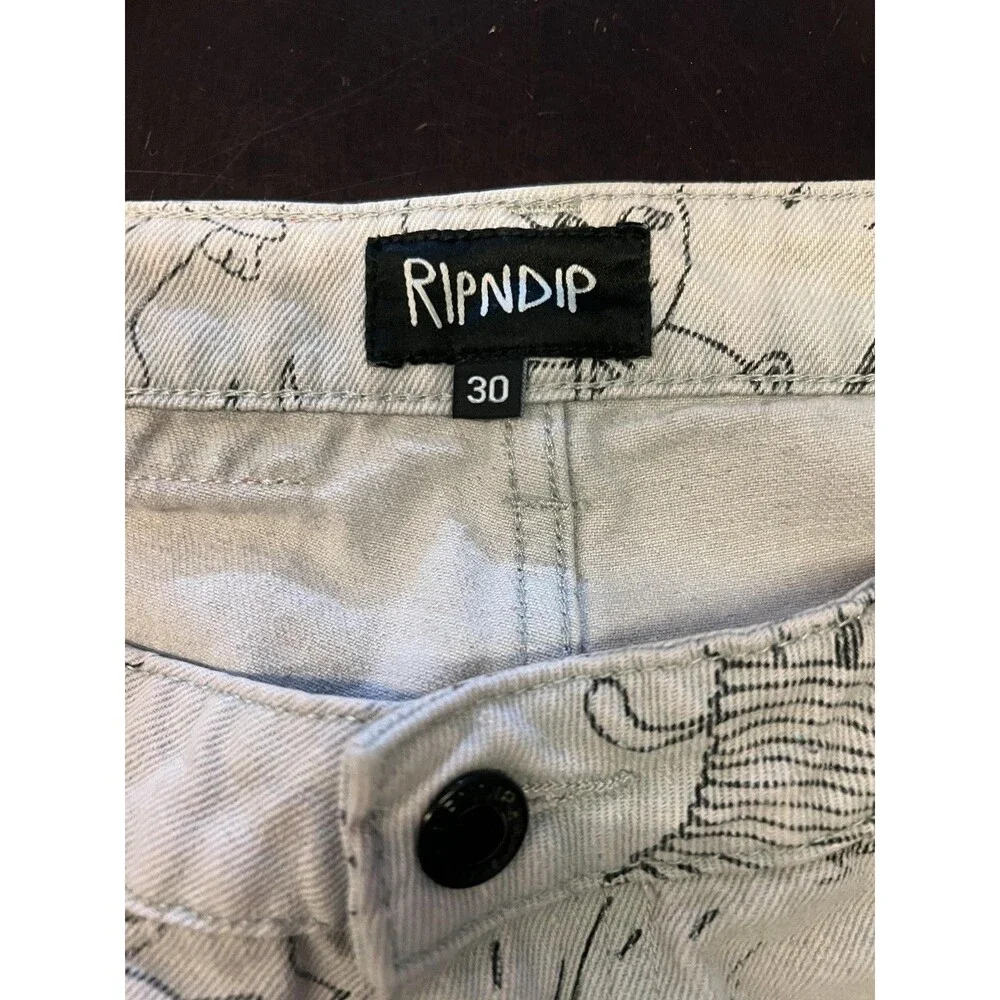 RIPNDIP Jeans Mens 30x28 White All Over Cat Print Straight Leg Denim Pants